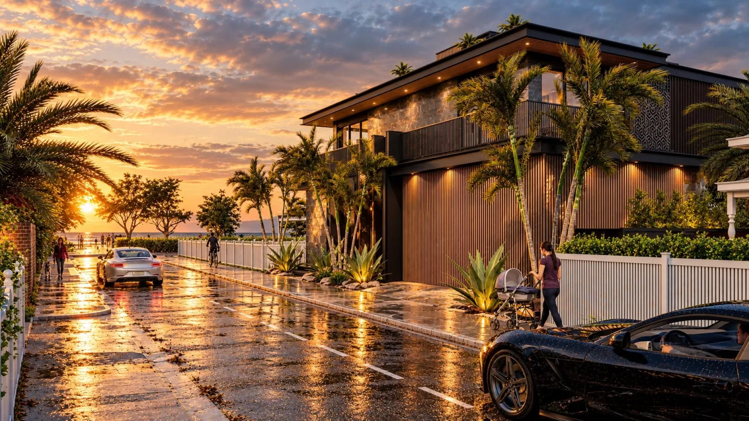 Street view from a new Sandringham home towards the beach and Port Phillip Bay at sunset