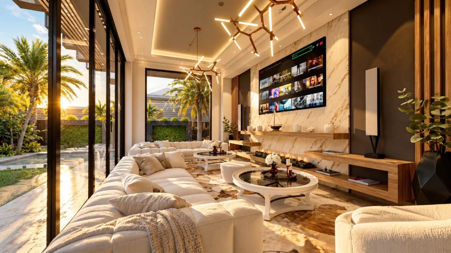 Ground floor lounge with fireplace and media wall opening to the pool