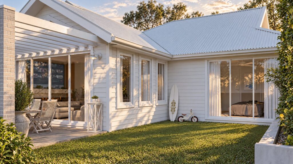 Rear garden of a Seaford family home with pergola-covered alfresco, living room and master bedroom opening to a sunny lawn framed by tall hedges