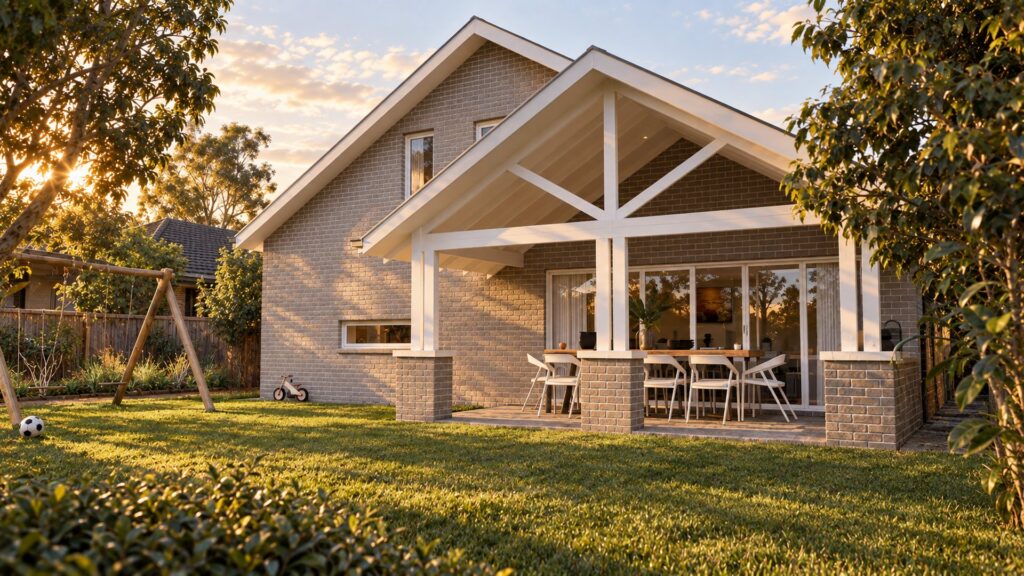Rear garden of a Werribee family home with a cathedral-ceiling alfresco under a white cross-braced gable, a lawn and a children's swing set