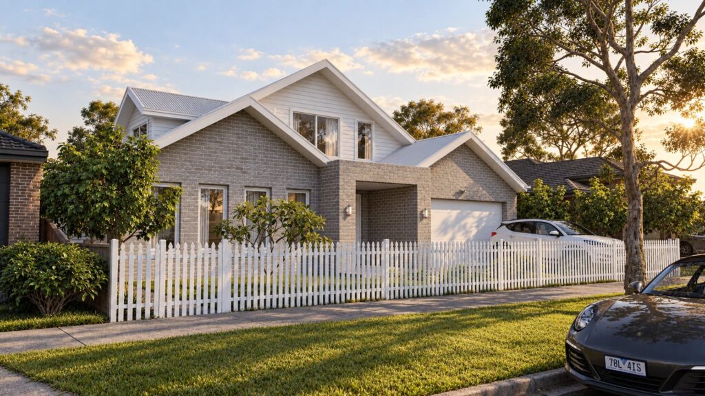 Streetscape view of a two-storey Werribee family home with grey brick, white weatherboard-style gable and double garage at golden hour